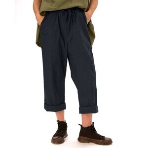 Amici Baci Women Cotton Pant XL Navy Elastic Waist Wide Leg Crop Italy Lagenlook